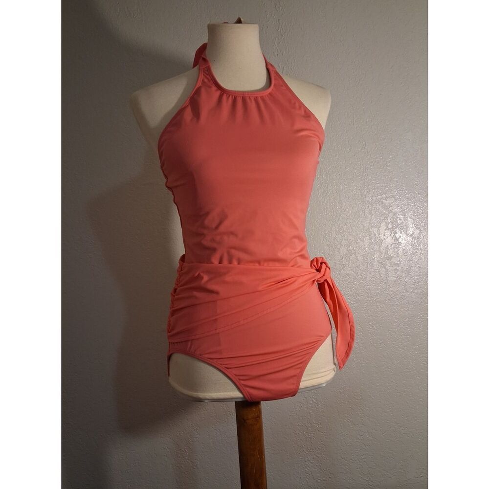Hermoza Coral Halter One-Piece Swimsuit with Side Tie
